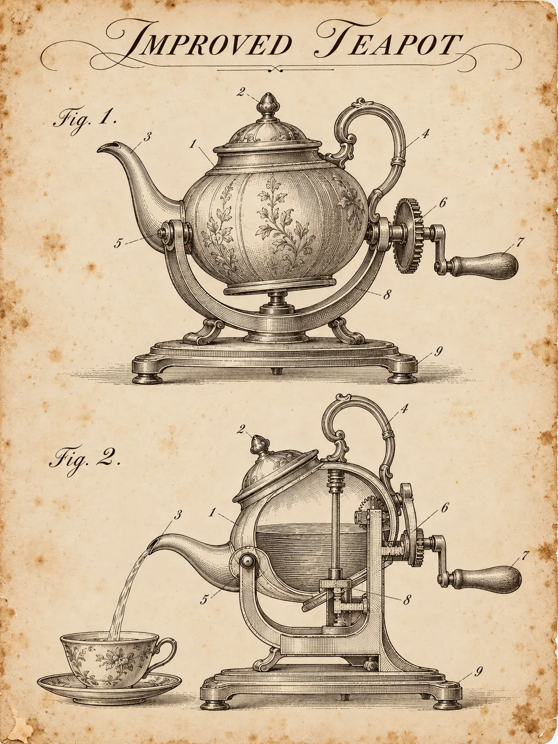 Self-Pouring Teapot Patent, made with GPT Image 2.5 Sunburst