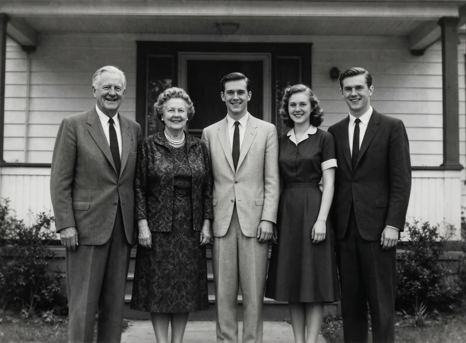 Familienfoto aus den 60ern mit Knick · restauriert